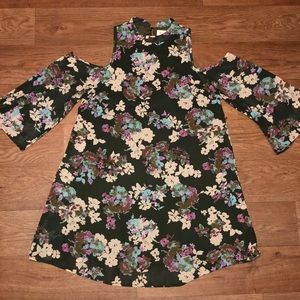 Floral chiffon high neck cold shoulder dress